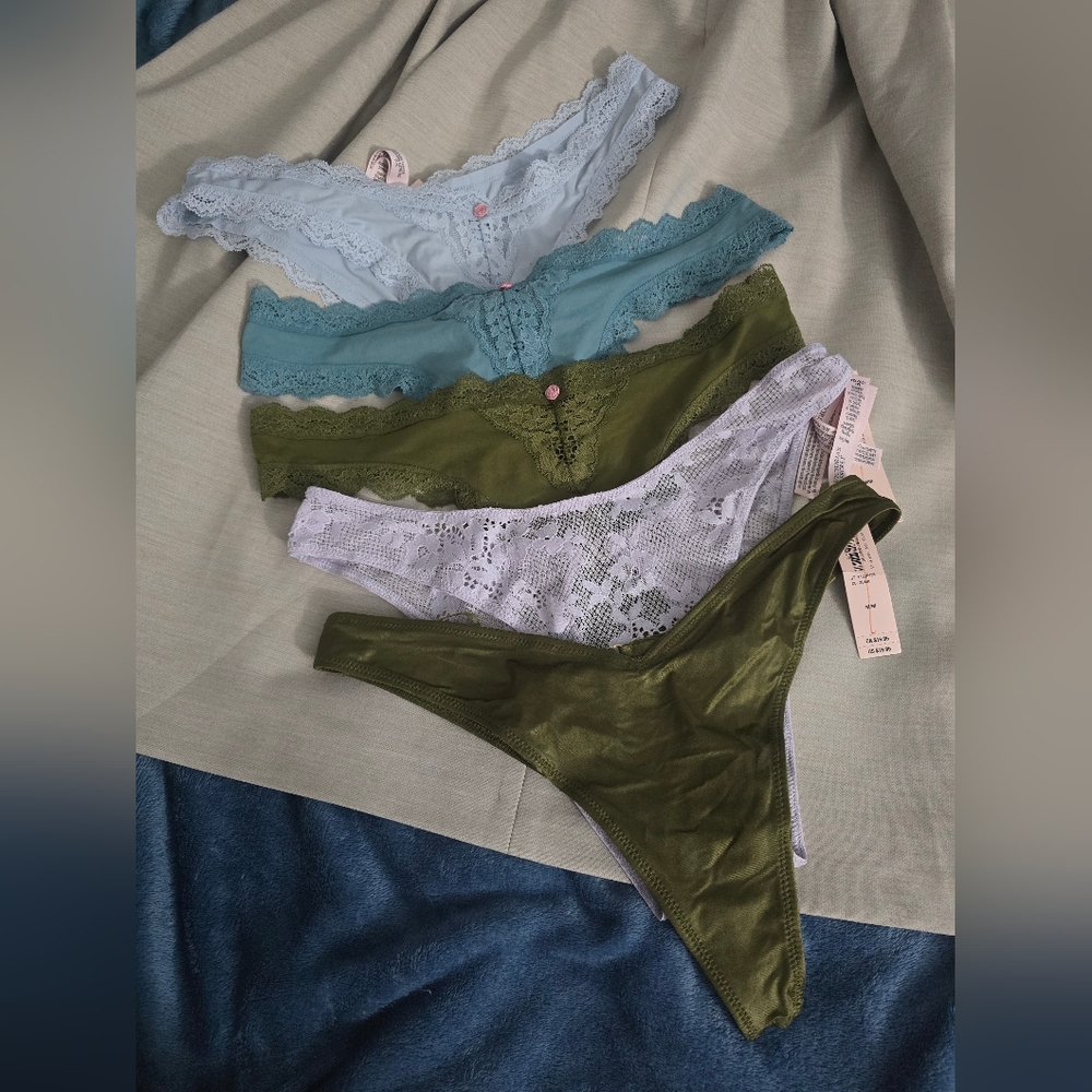 Lace & Satin Bikini Panty Set - Olive Green, White, Teal, Light Blue